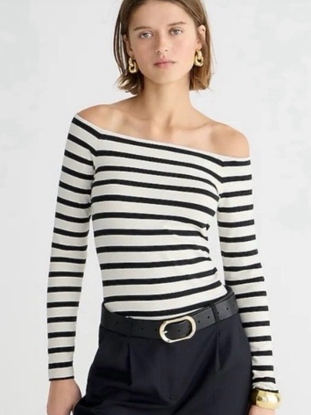 J. Crew Striped Long Sleeve Off Shoulder Top - Black and Cream